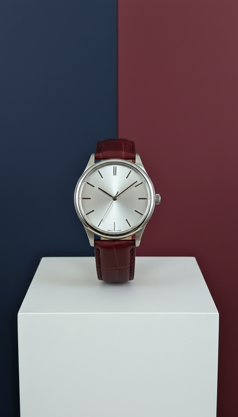 Stainless Steel Watch with Burgundy Leather